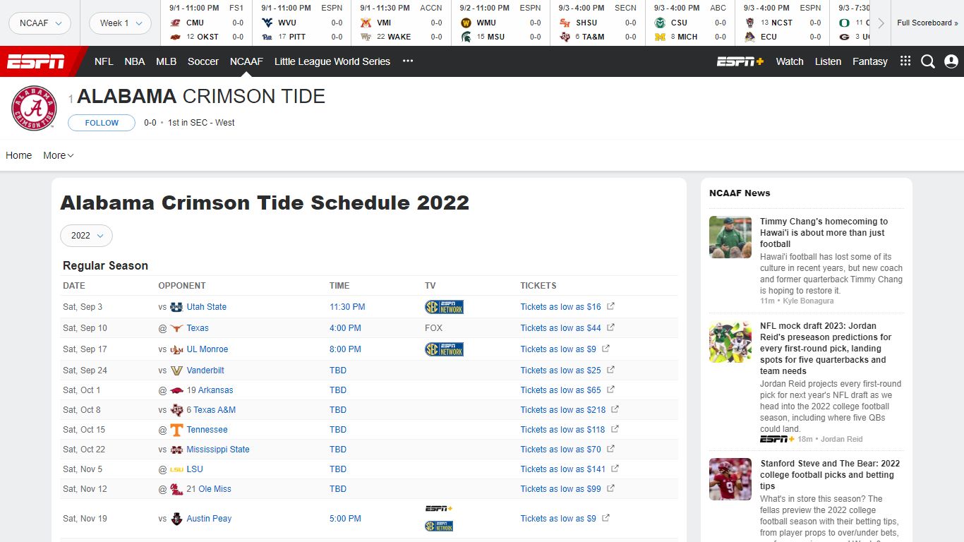 2022 Alabama Crimson Tide Schedule | ESPN
