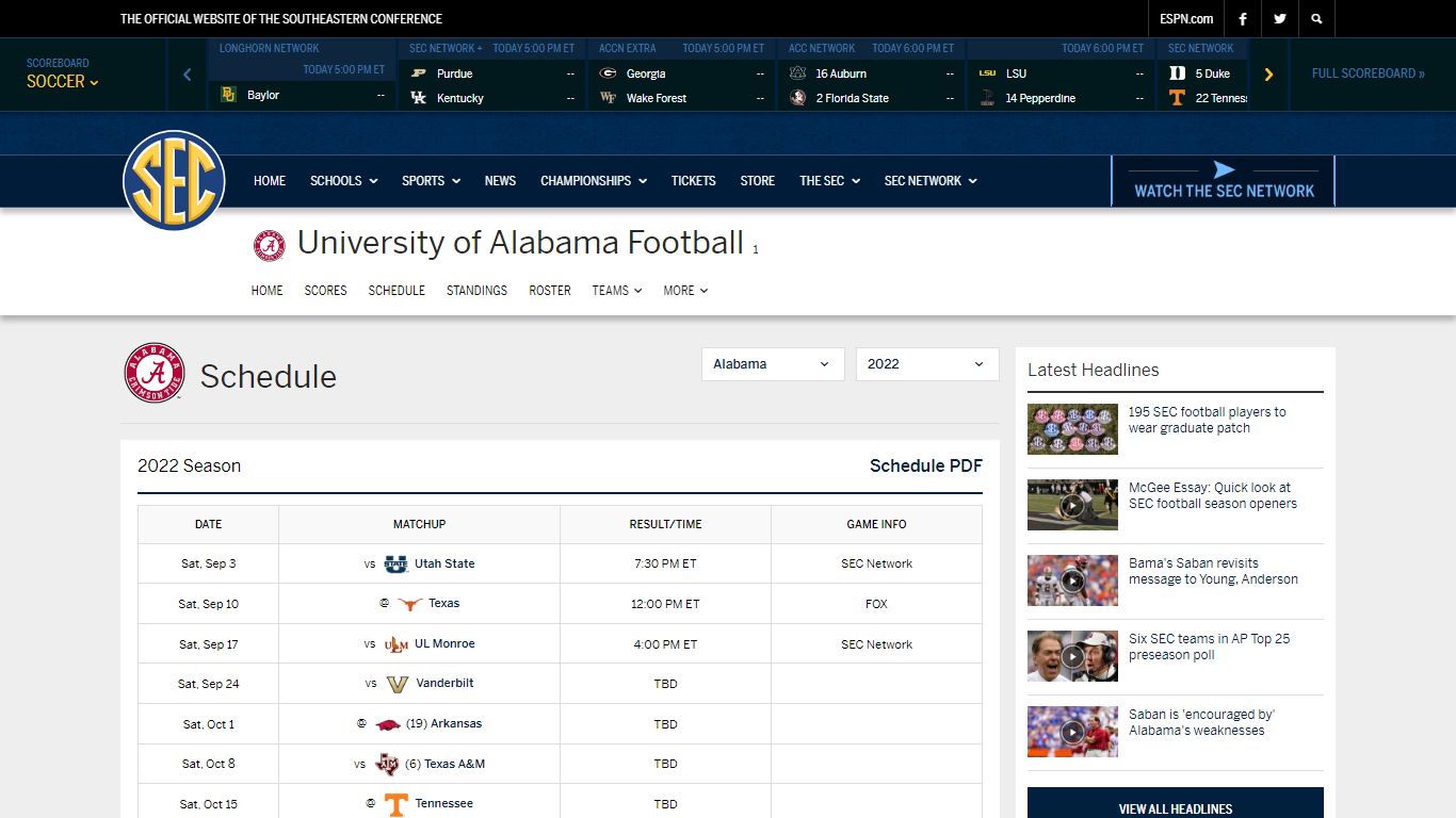 Alabama Football Schedule, Alabama Football Scoreboard and Results - SEC